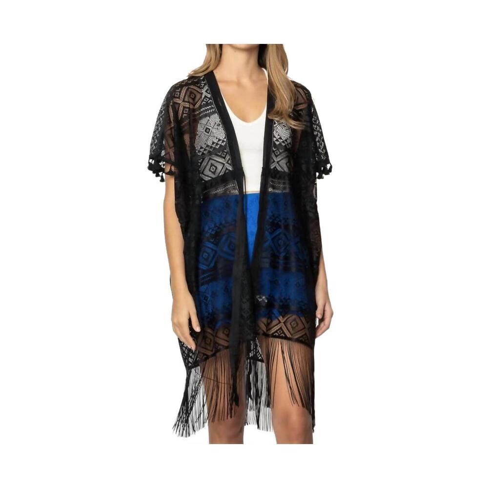 NEW JUDSON & CO. aztec boho lace fringe kimono cover up in black